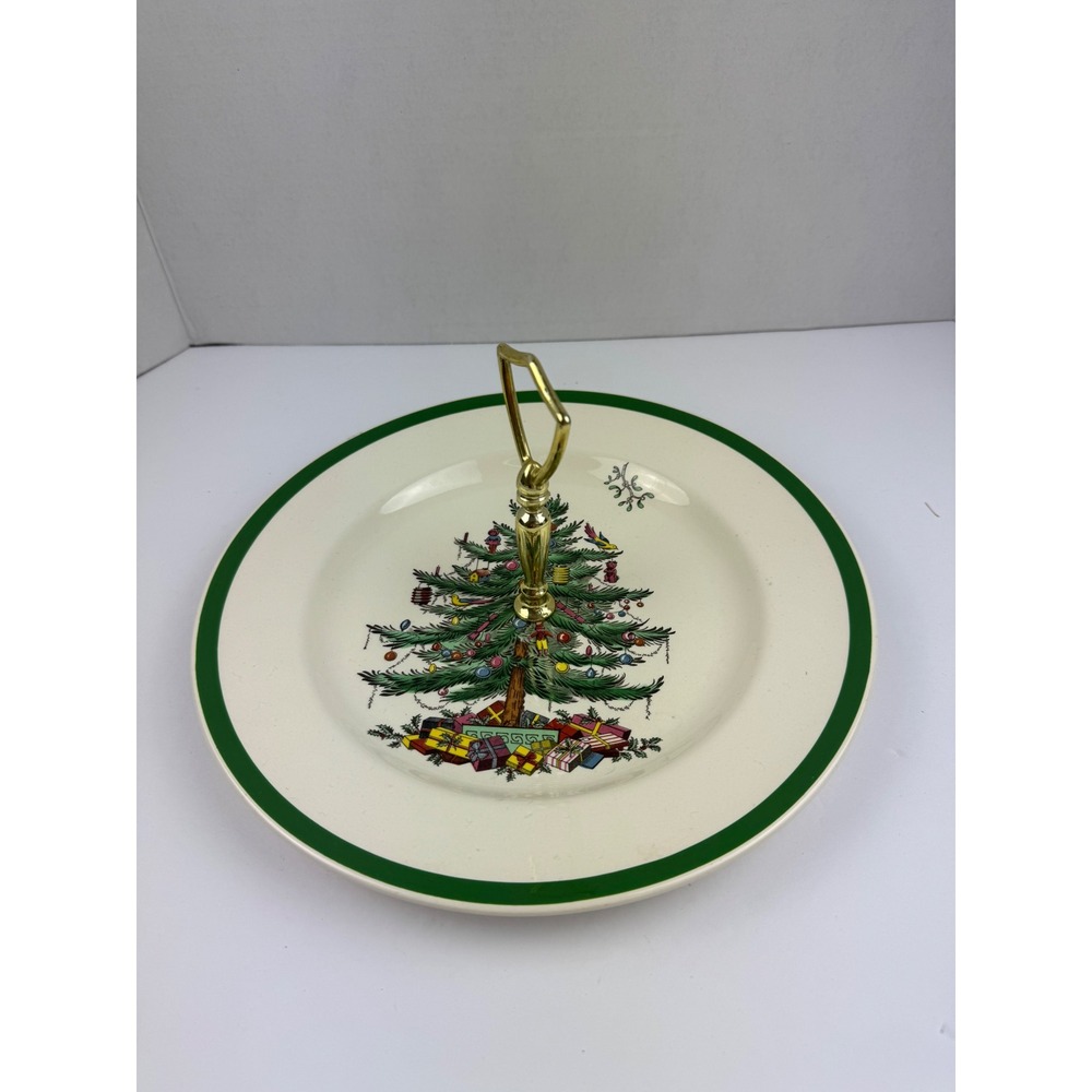 Spode Christmas Tree Handled Tidbit Tray Serving Plate Green Trim Vintage 10.5in